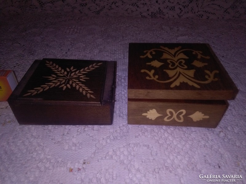 Retro fa ékszeres doboz - intarziás, faragott - két darab - együtt