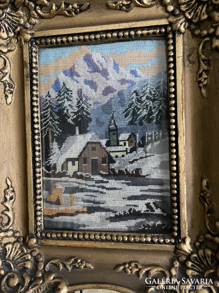 ​ Tű Gobelin kép. Gyönyörű aranyozott keretben. 25cm x25cm  1930-as évekből ​