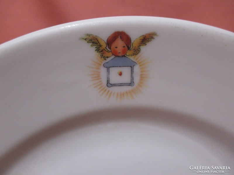 Régi gyermek tányér angyalka, holló, béka, gomba mintával
