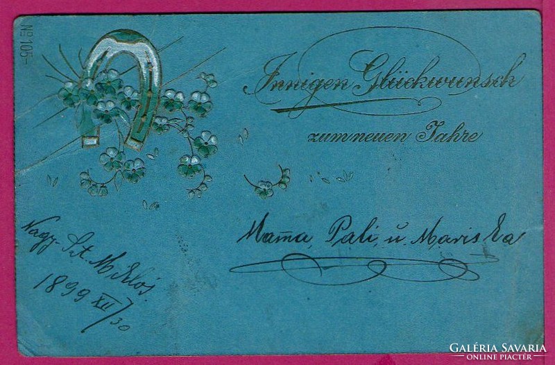 E - 005     1899 Újévi üdvözlet  (domború nyomással) kék kartonon (szép bérmentesítés)