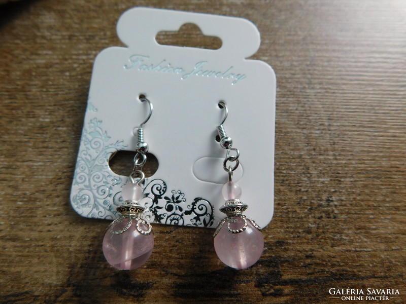 Rose quartz earrings with pearl caps and pearls, length: 4 cm