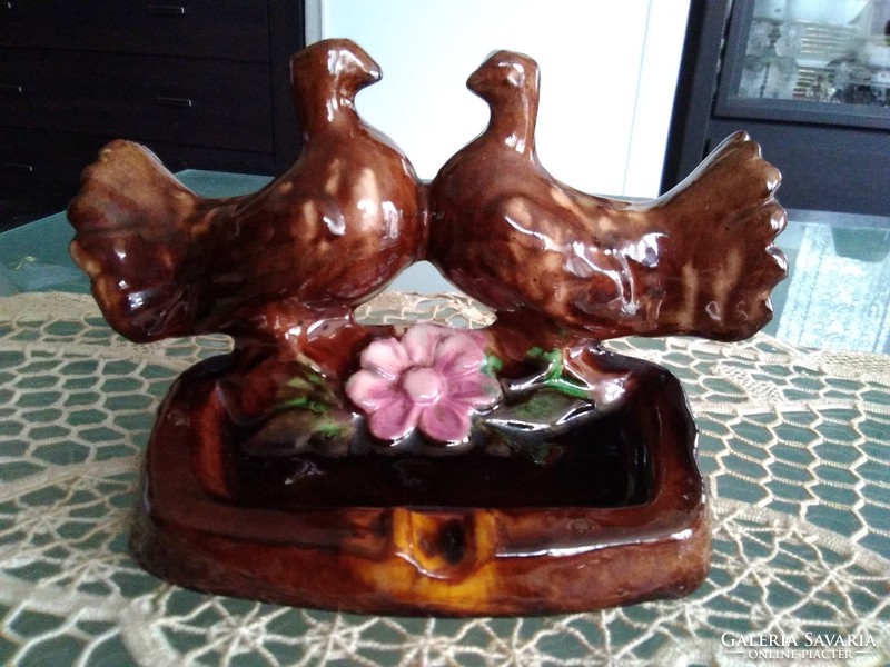 A loving gerle couple from the past, brown glazed ceramic ashtray.