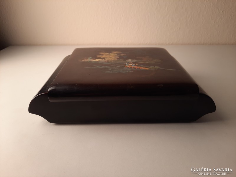 Antique oriental lacquer makeup box with painted scene