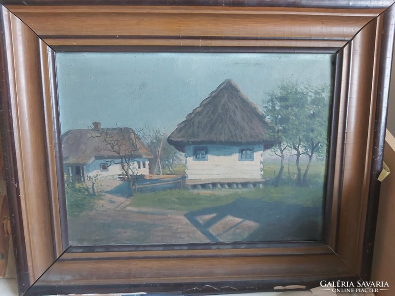 KATONA GYULA: Nádtetős házak, 1918 (olajfestmény 29x40+ keret) falu, vidéki tájkép, természeti idill