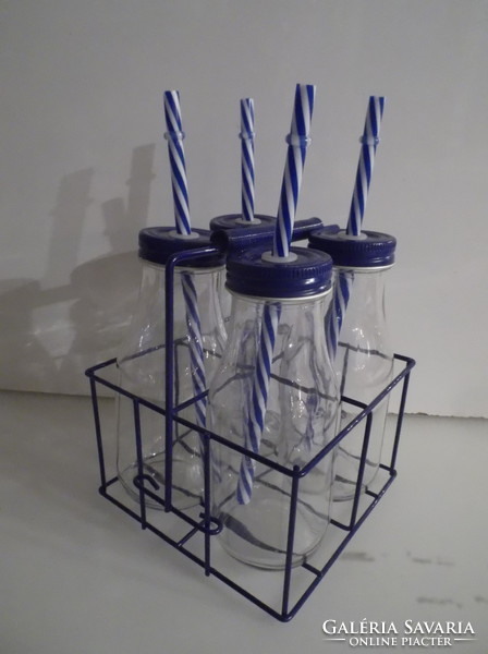 Compartment - metal - with 4 milk bottles - new - compartment 14 x 14 x 23 cm - glass 2 dl - Austrian - royal blue