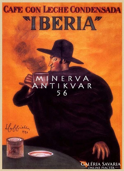 Vintage spanyol kávé reklám hirdetés plakát reprint nyomat Cappiello Ibéria kalapos férfi köpenyben