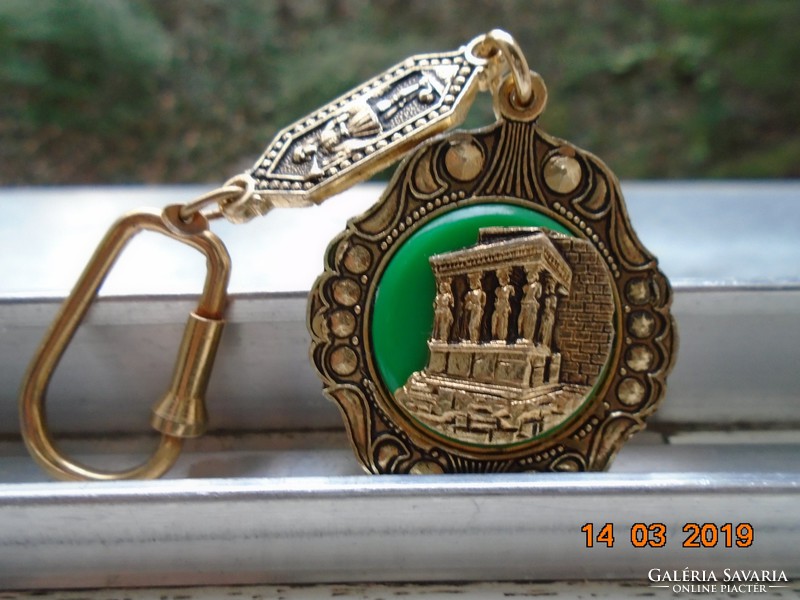 Embossed gilded antique caryatids, very decorative key chain or pendant with erechtheion pattern