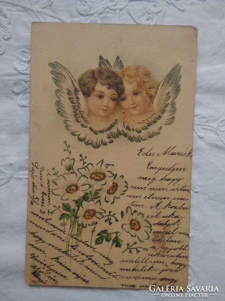 Antique / Art Nouveau Embossed Litho / Lithographic Postcard / Greeting Card Angels 1904
