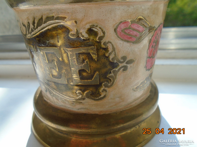 Compartment enamel container with handmade floral patterns and gold inscription in solid copper / bronze coffee