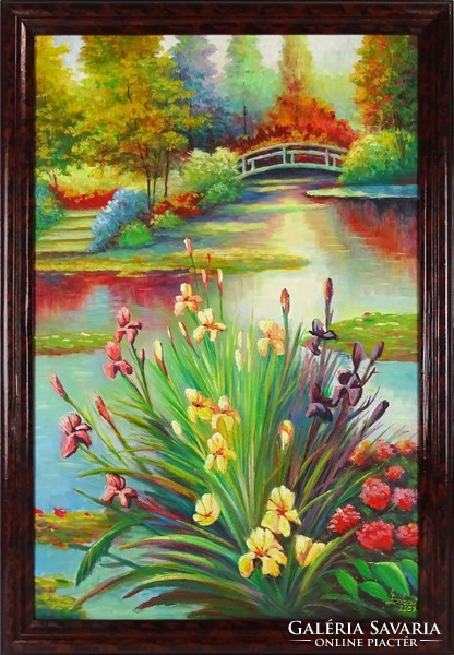 1D927 XX. századi festő : Tóparti tavaszi táj liliomokkal