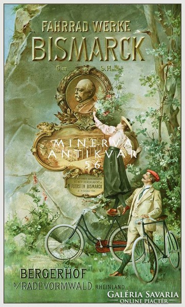 Szecessziós romantikus bicikli kerékpár reklám plakát reprint nyomat Bismarck erdő szikla emléklap
