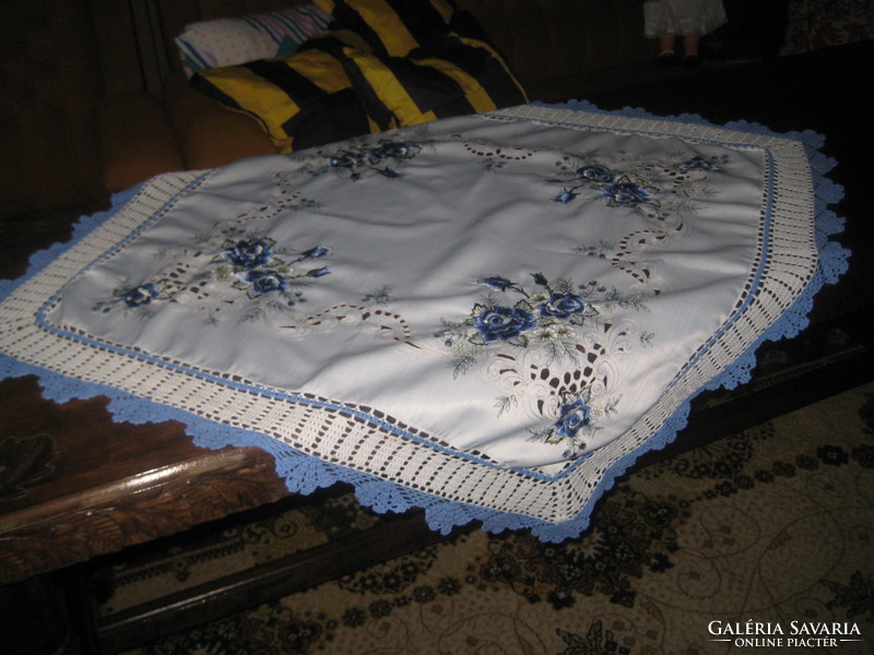 Embroidered tablecloth, openwork hand crocheted, wide border, 90 x 90 cm