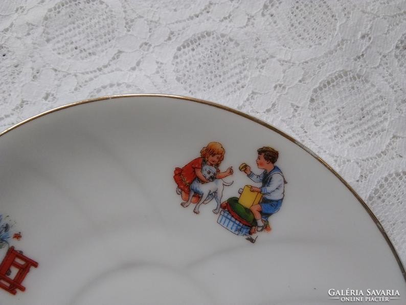 Antik cseh J.S. Maier & Co. porcelán teás/kávés szett gyerekmotívummal, bohóc, roller, kutya