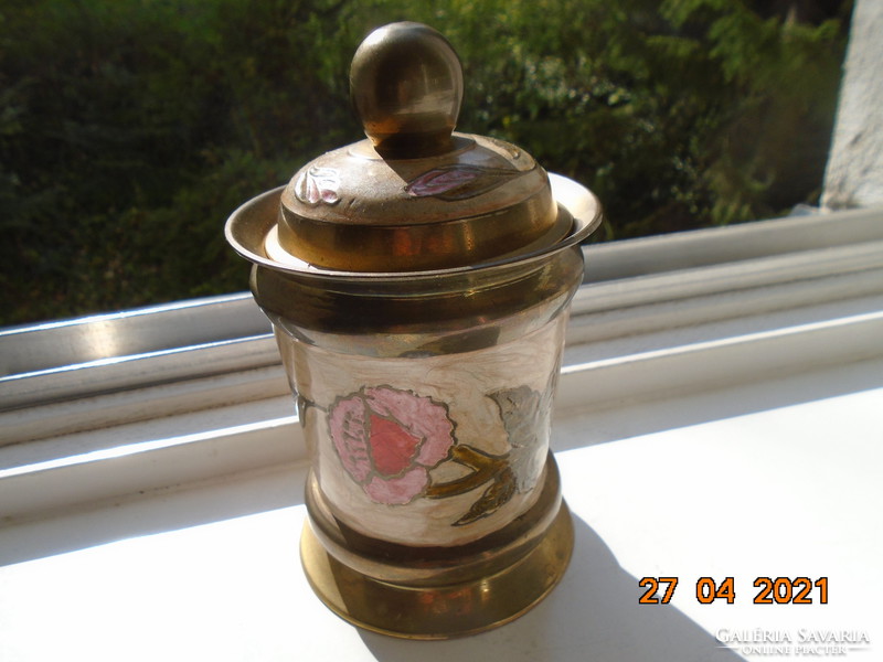 Compartment enamel with handmade floral patterns in a solid copper / bronze lid spice rack, storage