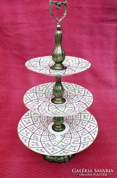 Herend porcelain tiered cake plate with silver holder with sprong pattern