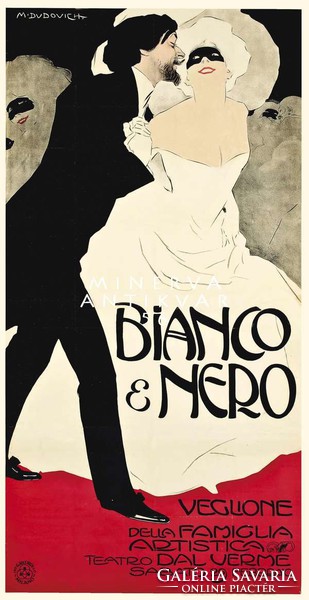 Vintage olasz színházi divat plakát reprint fekete fehér álarcosbál elegáns pár estélyi ruha frakk