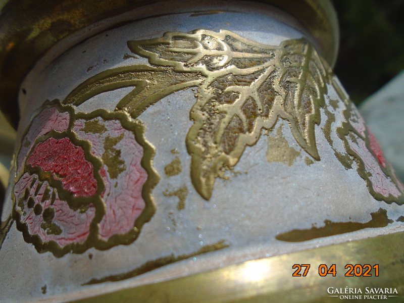 Embossed tea with inscription, compartment enamel with handmade floral patterns solid copper / bronze lid container