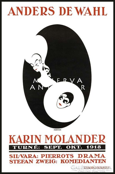 Art deco francia színházi plakát reprint nyomat Pierrot Zweig előadás fekete fehér piros női fej