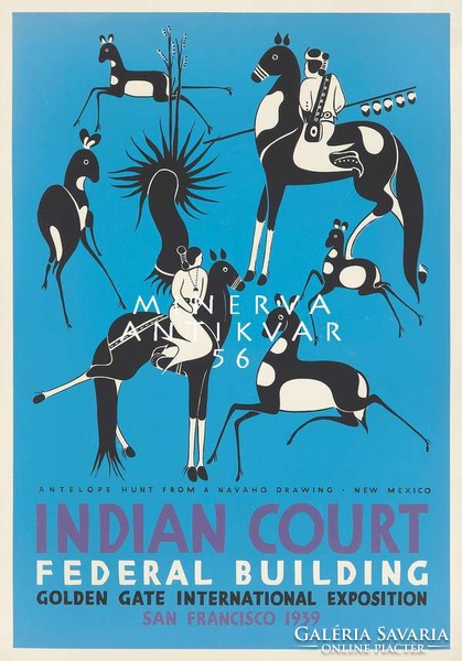 Art deco művészeti kiállítás plakát reprint nyomat amerikai indián barlangrajz antilopvadászat 1938