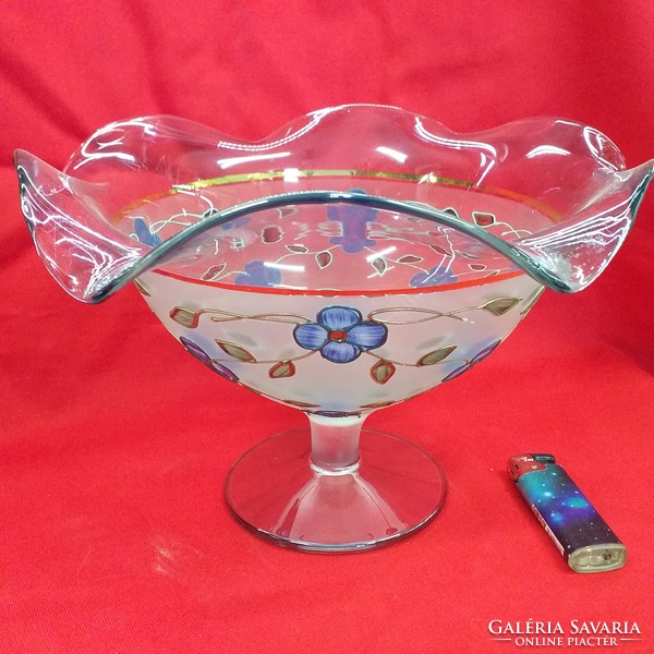 Old stemmed blue glass table center with ruffled edges, offering 25 x 18 cm