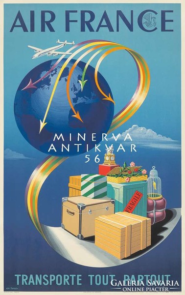 Vintage francia utazási reklám hirdetés plakát reprint nyomat Air France földgolyó poggyász csomagok