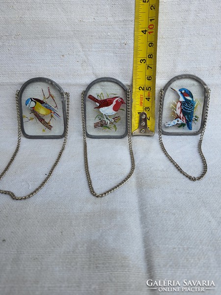 Kingfishers painted on vintage glass in a pewter frame.