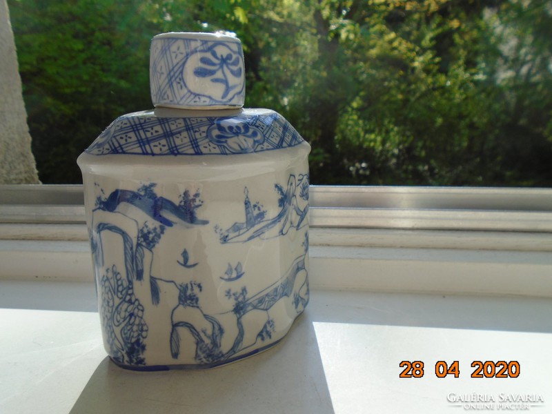 Kangxi, máz alatt kézzel festett porcelán fedeles tea tároló magas hegyi tájképekkel,pagodával