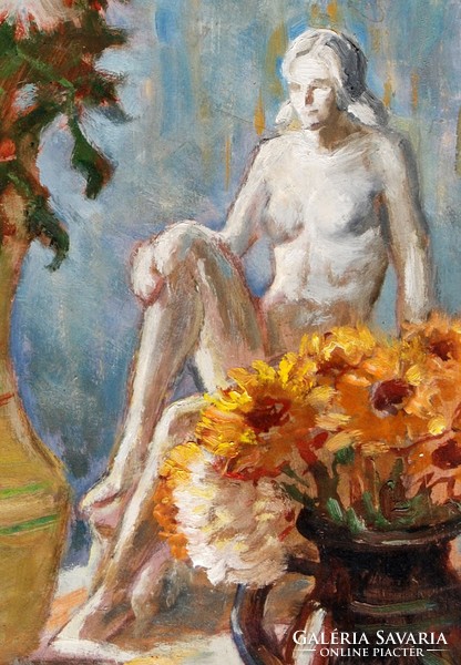 Kastaly István (1892-1991): Porcelán akt virágok között, 1977 - asztali csendélet, keretezve