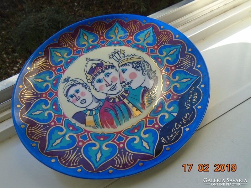 Hand-painted, signed, dated, modern version of the 3 kings of Christmas with pattern, unique decorative bowl