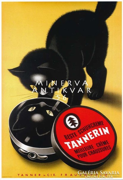 Vintage retro cipőkrém reklám plakát reprint nyomat fekete cica macska tükörkép