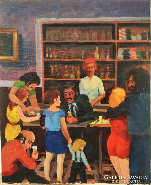 Ismeretlen festő 70-es évek Retró Kocsma jelenet 60x50 cm