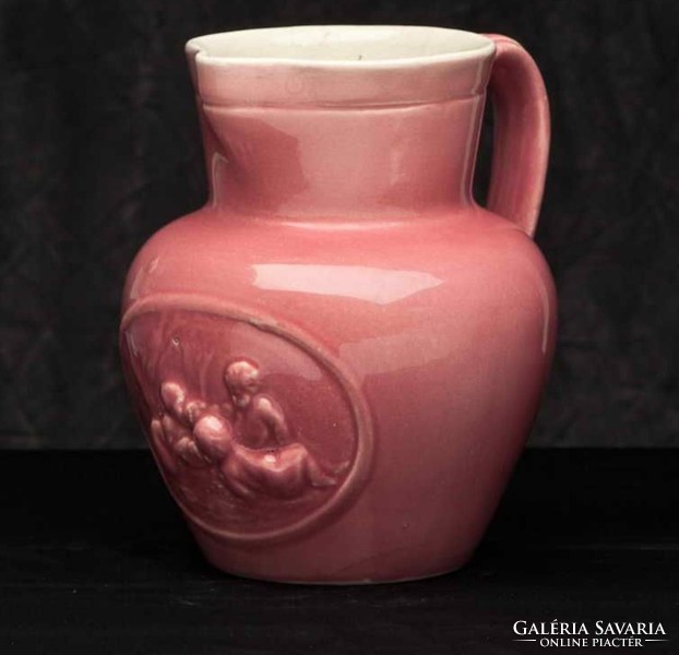 Antique Zsolnay pottery, 1800s jug. Angels, with putto motif. Pink zsolnay series i