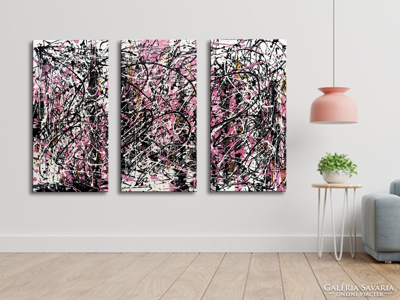 Red edit: jackson pollock style abstract set of 3 (3px x 120x60cm)
