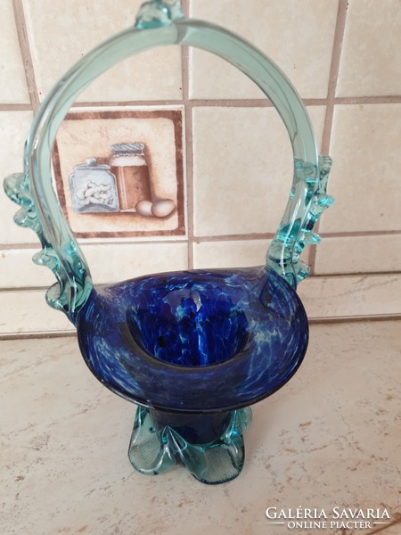 Retro, gyönyörű,  kék,  szakítottüveg kosár, üvegkosár eladó!