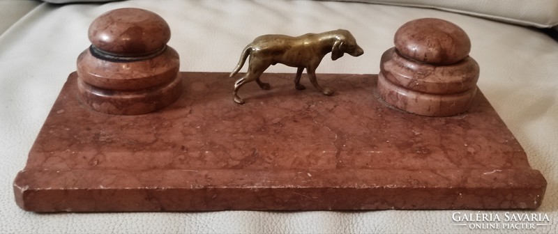 Action! Antique desk, red marble inkwell, bronze dog statue, inkwell, pen holder