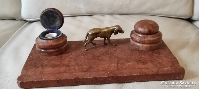 Action! Antique desk, red marble inkwell, bronze dog statue, inkwell, pen holder