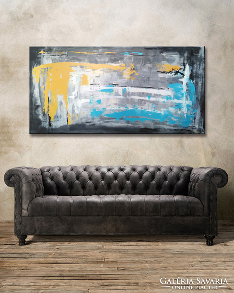 Vörös Edit :Blue Yellow Gray Modern Abstract 150x75cm