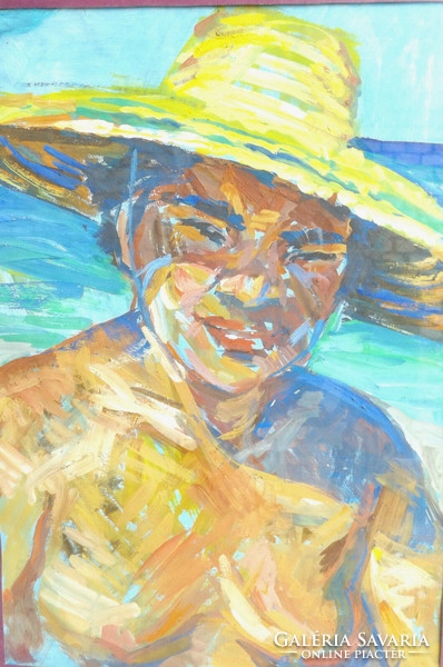 Ismeretlen művész: Szalmakalapos fiatal nő modern nyári portréja