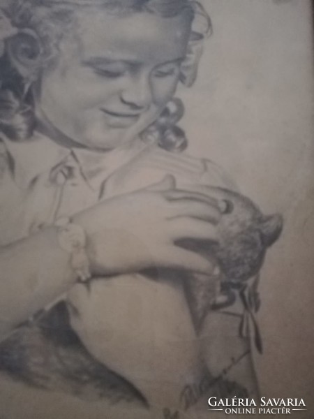Little girl with a kitten 1946 Russian pencil drawing signed