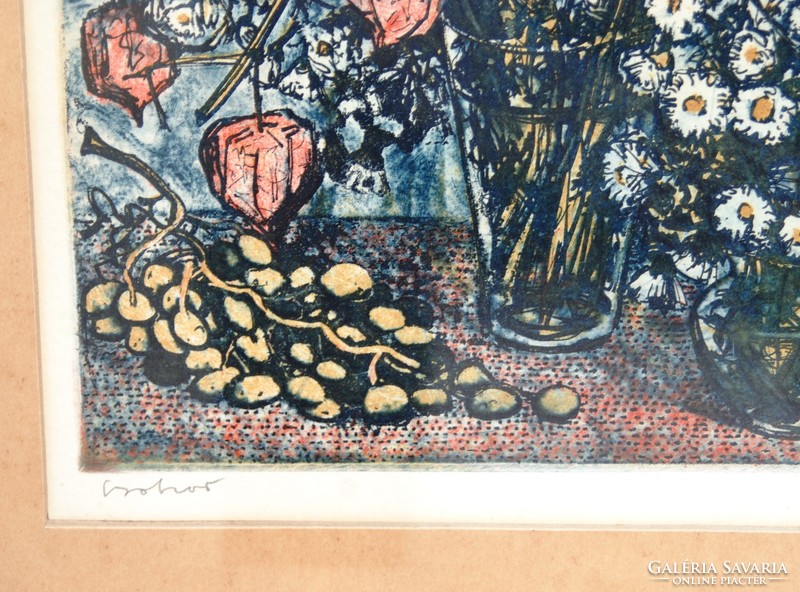István Imre (1918-1983): bouquet - colored linocut, framed