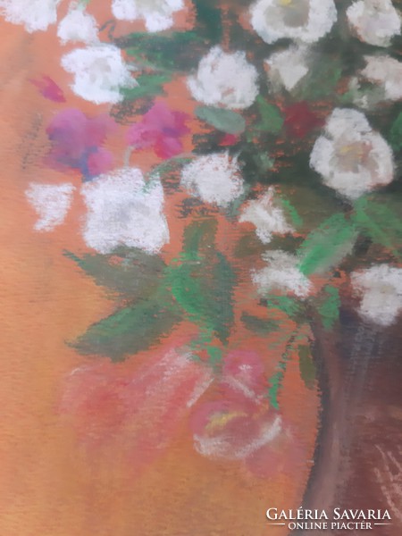 Gádori: orange-white floral still life, paper, pastel 2014. Without frame.
