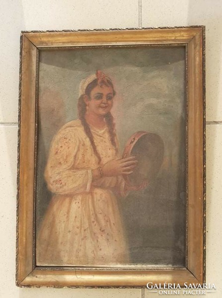 Girl with a rattle drum, old oil on canvas, framed 41x30 cm (antique female portrait, portrait)