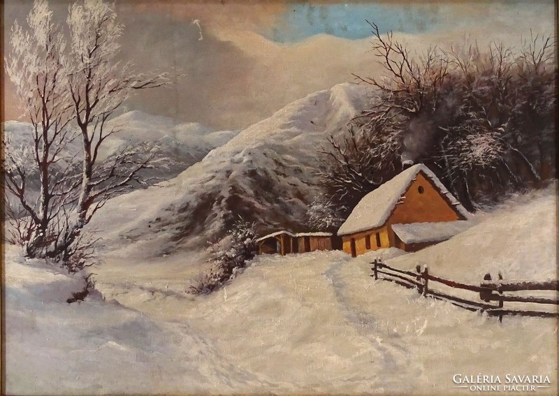 1E808 Magyar festő XX. század : Téli táj házikóval
