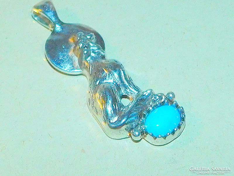 Tibetan silver pendant with dog barking on turquoise stony moon