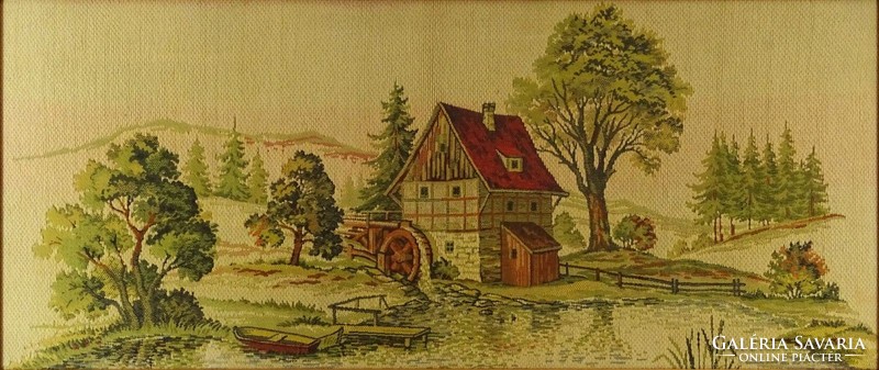 1E813 Nagyméretű gobelin tájkép aranyozott keretben 61 x 128 cm