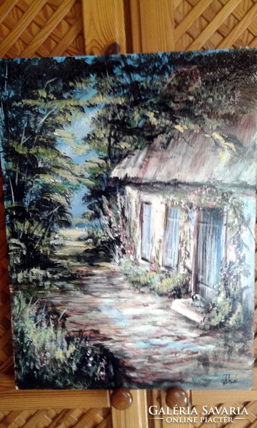 "Erdei házikó "festmény 40 x 54 cm,ragyogó színekkel