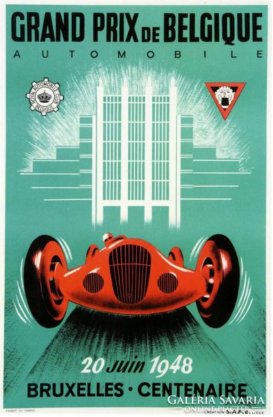 Art deco autóverseny plakát reprint Grand Prix 1948 Brüsszel Belgium piros automobil retro reklám