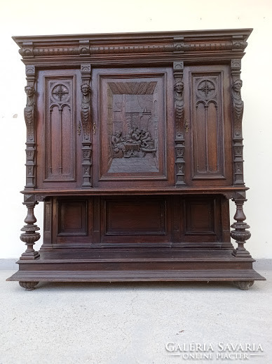 Antique richly carved revelry company decorative very heavy hardwood tin cabinet 4325