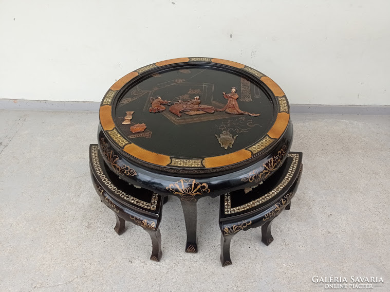 Antique Chinese Pearl Emboss Inlaid Painted Black Lacquer Furniture Round Glass Table 4 Chairs Asia 4311