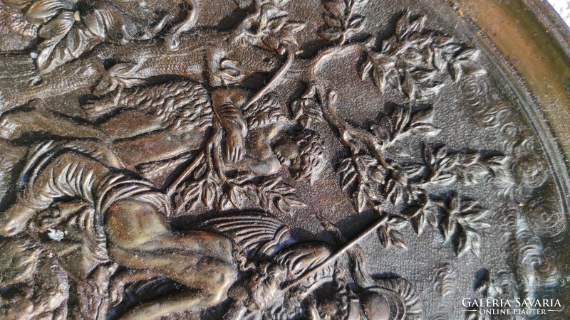 Antik 1800-as Fali tál tànyér, díszes Bronz jellegű öntött vas Mitológia jelenet 2.kínàló,